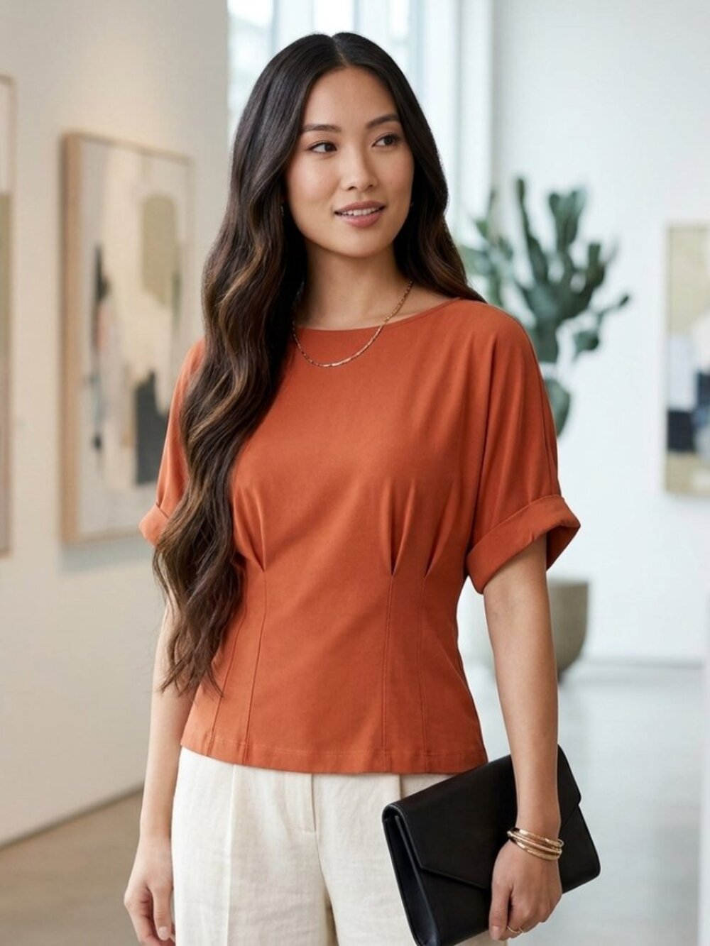 Melanie Lyne Burnt Orange Boat Neck Cinched Waist Flutter Sleeve Top M